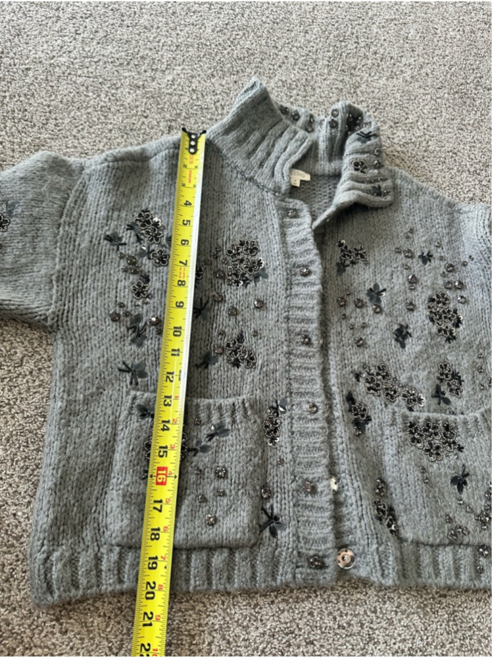 Pilcro Embellished Floral Collared Cardigan Sweater Grey Medium Anthropologie - Picture 11 of 14